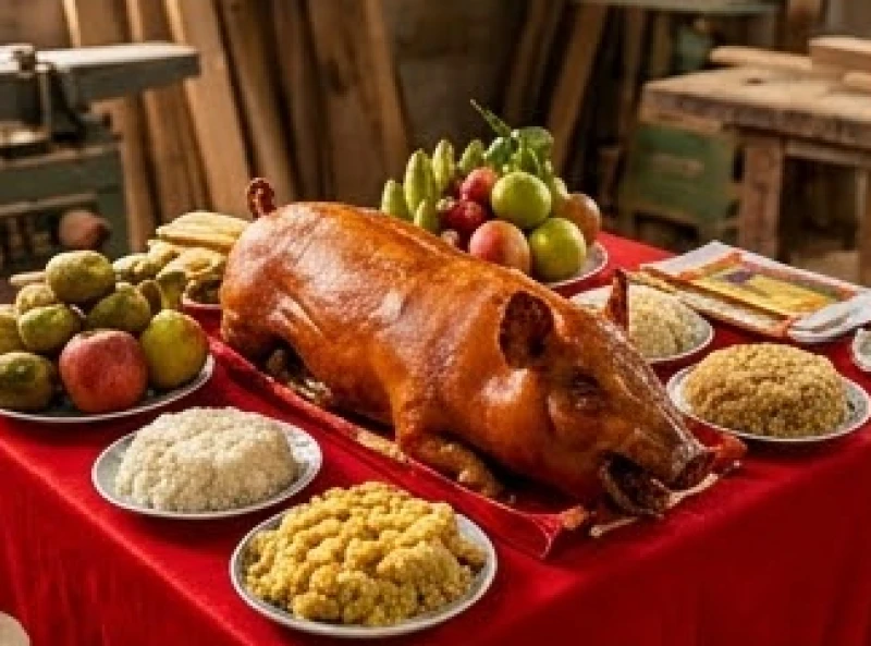 Mâm cúng tổ nghề mộc tươm tất với điểm nhấn là heo quay nguyên con dâng lên bàn thờ giữa không gian xưởng