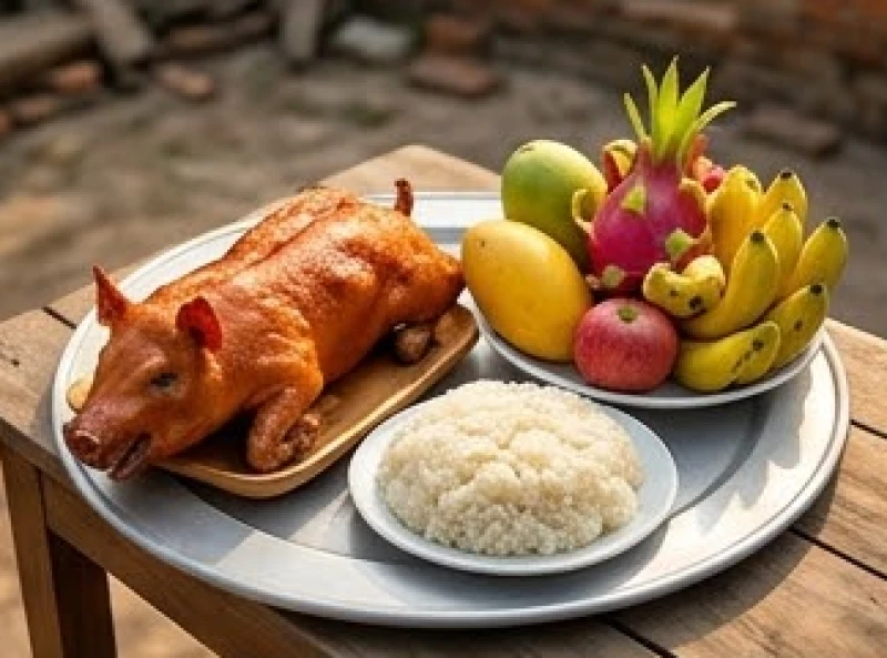 Văn khấn tháo dỡ nhà cũ: Bài cúng chuẩn và thủ tục thực địa 5 Đĩa thịt heo quay da giòn rụm và mâm ngũ quả dâng lên thần linh theo phong tục cúng của miền Nam