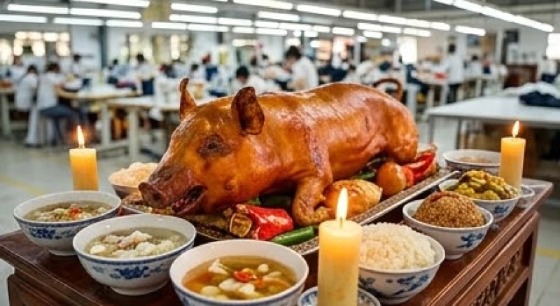Heo quay nguyên con vàng ươm được đặt trang trọng ở vị trí trung tâm của mâm cúng lớn tại một phân xưởng may