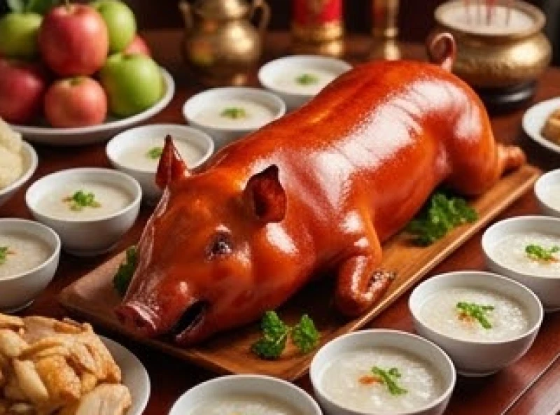 Heo sữa quay nguyên con da đỏ au được đặt trang trọng ở vị trí trung tâm mâm cúng giỗ Tổ nghề sân khấu