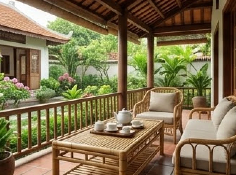 Khu vực hiên nhà mát mẻ hướng Đông Nam mang lại sự thư thái và tĩnh tại cho nam gia chủ