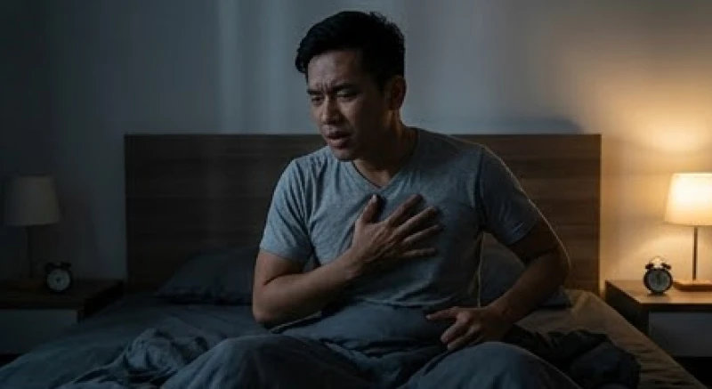 Người đàn ông mệt mỏi đổ mồ hôi hột trên giường thể hiện trạng thái suy nhược sau khi mơ thấy ma hiện hình