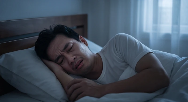 Mơ thấy cõng trẻ con: Điềm báo gánh nặng và cách hóa giải 5 Người đàn ông trằn trọc trong giấc ngủ mệt mỏi với biểu cảm căng thẳng do hiện tượng bóng đè và suy nhược