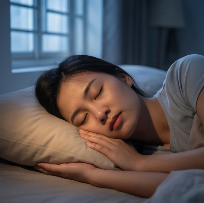 Người phụ nữ nằm nhắm mắt ngủ sâu với biểu cảm hơi cau mày do tín hiệu tiền đình bị rối loạn