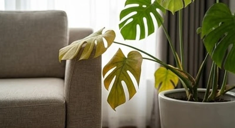 Một nhánh lá cây cảnh bắt đầu úa vàng và héo rũ trên chậu cây đặt cạnh ghế sofa trong nhà