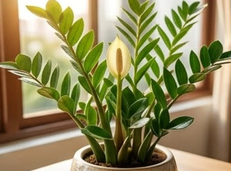 Chậu cây kim tiền trồng trong nhà đang đơm những nụ hoa trắng ngà hiếm gặp mang ý nghĩa tài lộc