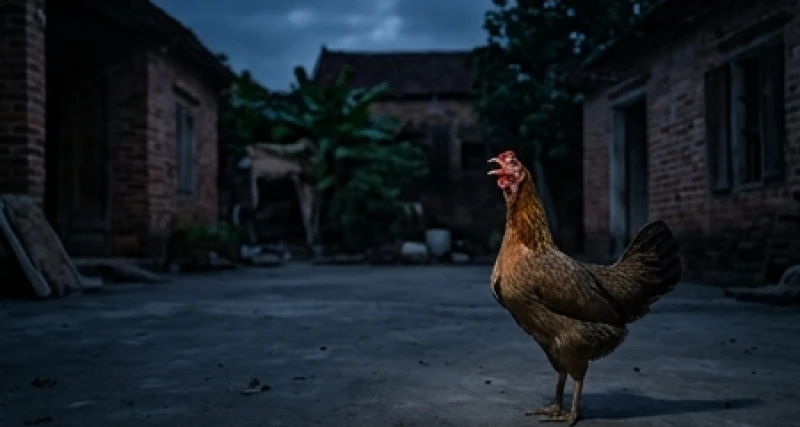 Một con gà mái đang rướn cổ cất tiếng gáy giữa không gian sân vườn vắng lặng tĩnh mịch vào ban đêm