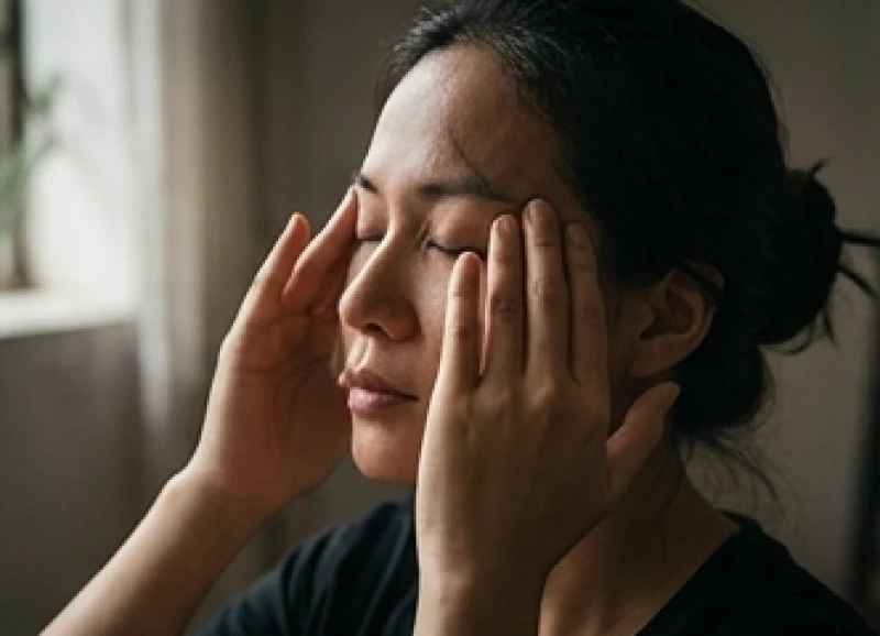 Người phụ nữ mệt mỏi nhắm nghiền mắt và đưa tay massage nhẹ nhàng vùng quanh hốc mắt