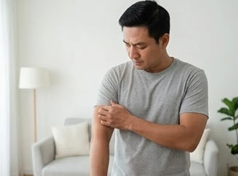 Cảm giác lạ trên cơ thể là điềm gì: Tâm linh hay bệnh lý? 3 Nam thanh niên đang kiểm tra phần bắp tay bị co giật nhẹ đột ngột trong lúc đang làm việc nhà