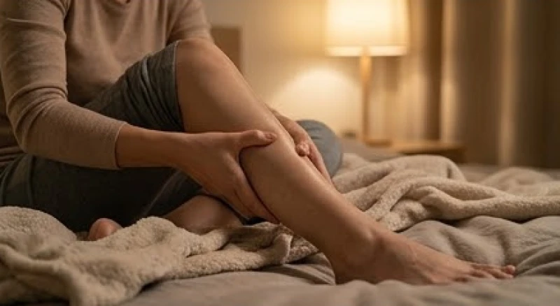 Đôi bàn tay đang xoa bóp bắp chân bị căng cứng do hiện tượng co giật cơ vô thức