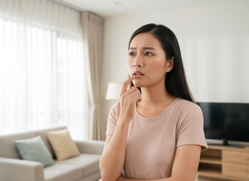 Môi giật là điềm gì: Bảng tra cứu 12 khung giờ và y khoa 1 Người phụ nữ chạm tay lên môi khi cảm thấy hiện tượng co giật liên tục ở cơ miệng