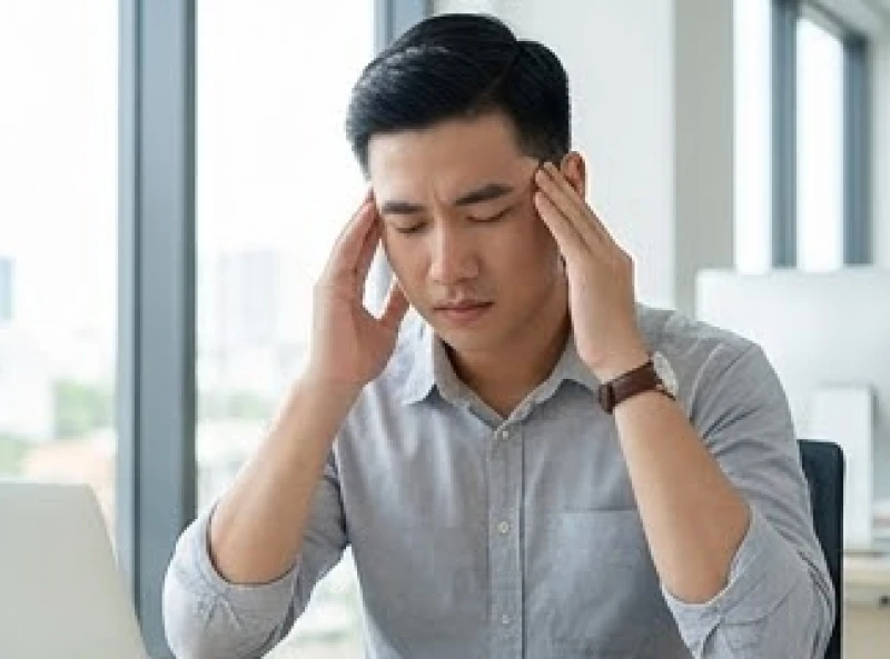 Ù tai là điềm gì: Tra cứu theo giờ và góc nhìn y khoa 1 Người đàn ông mệt mỏi xoa hai bên thái dương và tai do hiện tượng ù tai kéo dài gây khó chịu