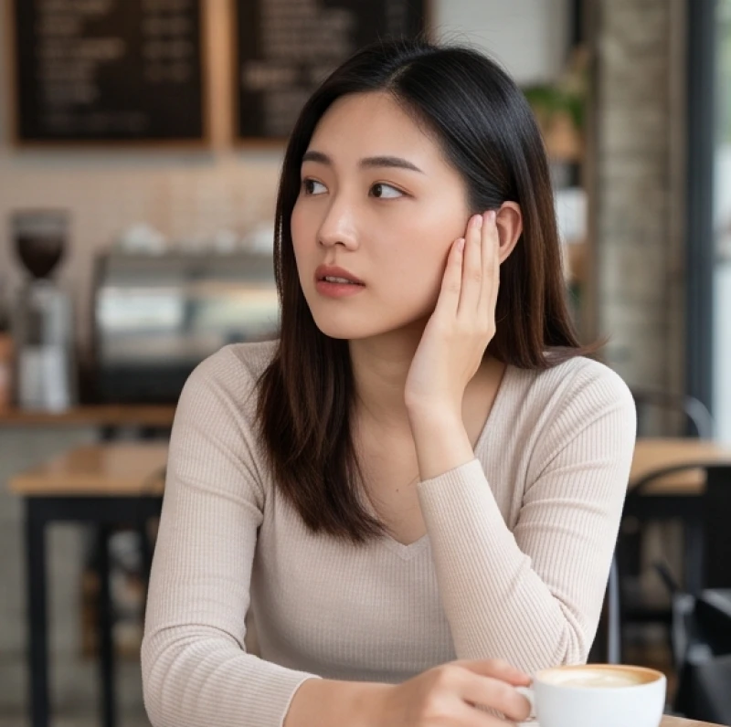 Người phụ nữ ôm tai trái với vẻ mặt khó chịu do nghe thấy âm thanh lạ