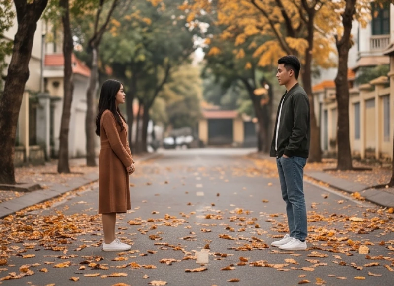 Một khoảng trống xa xăm giữa hai người khi đứng trên con đường đầy lá rụng đầy tâm sự
