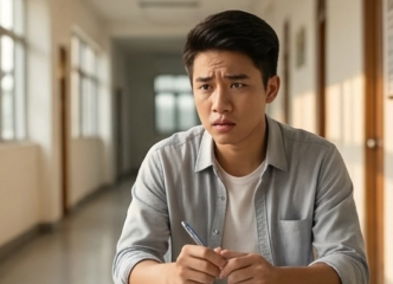 Một nam thanh niên tỏ ra bồn chồn lo lắng trước cửa phòng thi vì niềm tin tiêu cực
