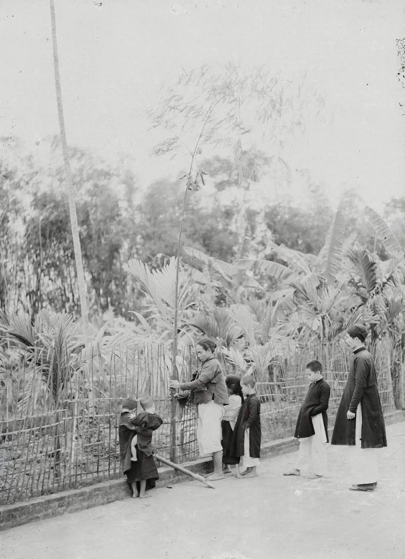 Hình ảnh dựng cây nêu ngày Tết trước sân nhà ở Hà Đông, khoảng năm 1920 - 1929