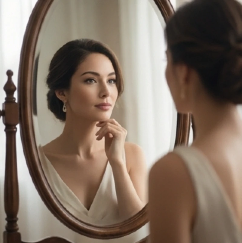 Mơ thấy gái xinh là điềm gì: Góc nhìn tâm lý và bộ số may mắn 7 Hình ảnh phản chiếu qua chiếc gương cổ của một người phụ nữ mang vẻ ngoài thanh lịch và vô cùng tự tin