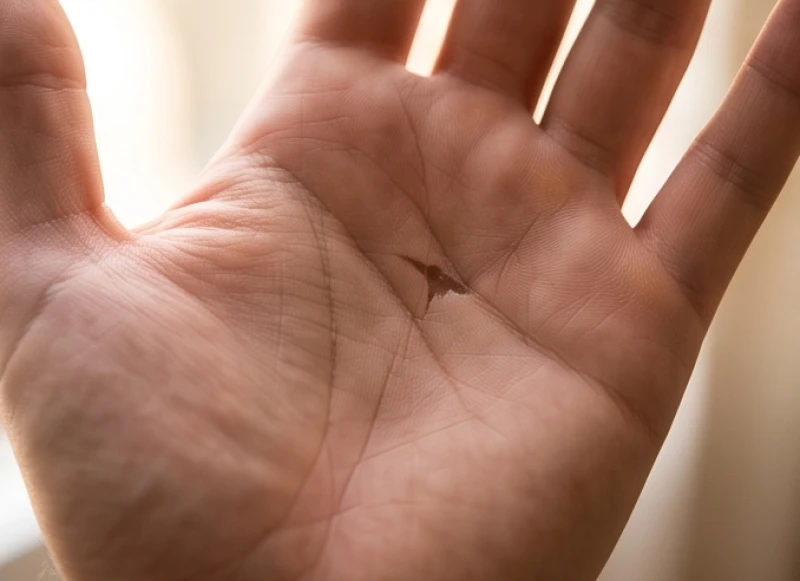 Dấu hiệu đứt gãy và hình cù lao xuất hiện tại giao điểm trên lòng bàn tay