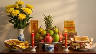 Mâm cúng giải hạn Hình Thái Tuế truyền thống với hoa tươi, ngũ quả và nến đỏ