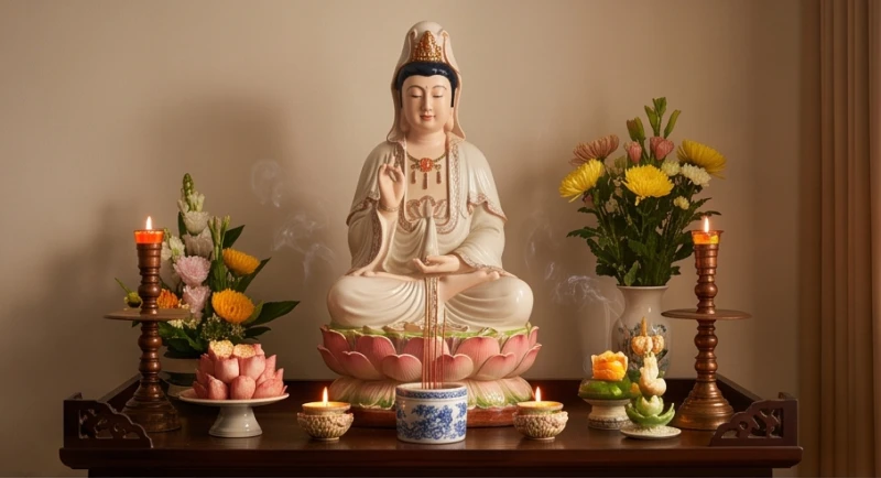 Bức tượng Nữ thần bảo hộ gia đạo được thờ phụng trang nghiêm trên bàn thờ gia tiên