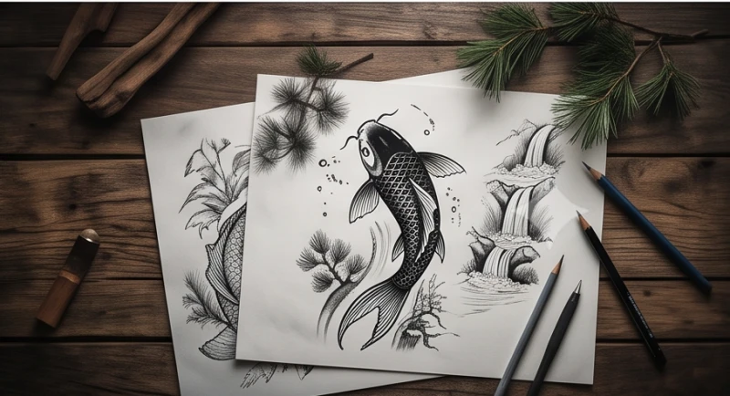 Bản phác thảo hình xăm nghệ thuật chủ đề cá chép bơi ngược dòng và thác nước nhỏ vô cùng tinh tế
