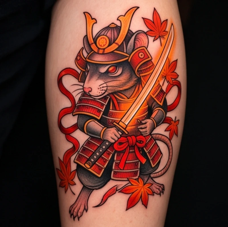 Hình xăm chuột Samurai mang phong cách neo-traditional với dải ruy băng đỏ nổi bật