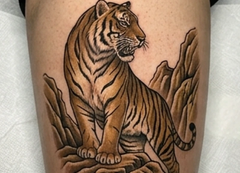 Hình xăm con hổ chễm chệ trên khối đá cheo leo màu nâu vàng vững chãi