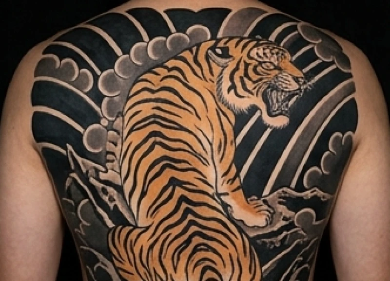 Hình xăm con hổ phong cách Irezumi với mảng nền đen đặc quánh đồ sộ