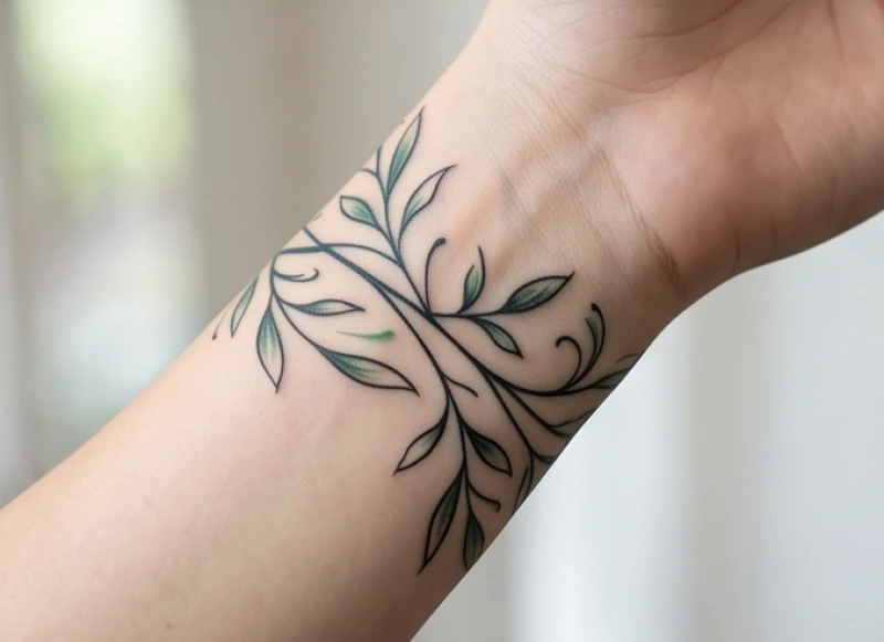 Hình xăm hoa văn hợp tuổi Sửu: bảng giá & mẫu kích tài lộc 8 Họa tiết dải dây leo uốn lượn liền mạch điểm xuyết tông màu xanh lục mang lại cảm giác tĩnh tâm bao dung