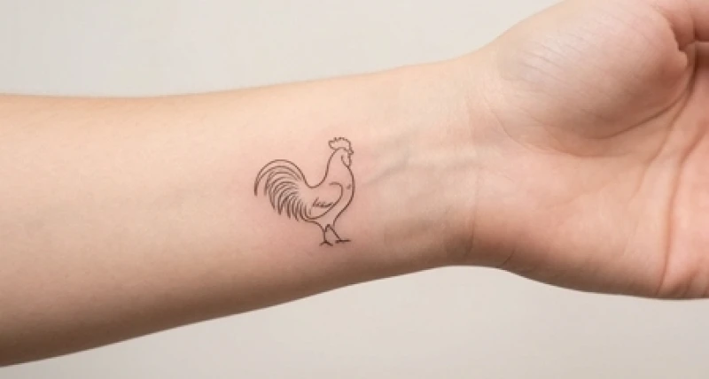 Hình xăm con gà mini tối giản bằng những đường nét thanh mảnh ở khu vực mặt trong cổ tay