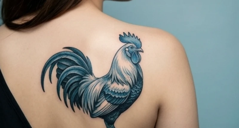 Hình xăm gà trống tĩnh lặng được đánh bóng bằng mực đen pha xanh biển trên bả vai