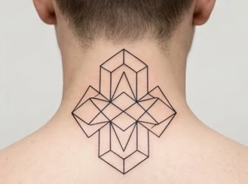 Khối hình xăm Geometric đối xứng sắc nét được đặt ở vị trí tụ khí sau gáy