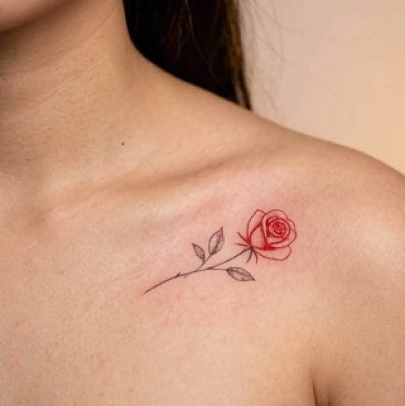 Hình xăm đóa hoa hồng đỏ rực rỡ kích thước nhỏ nhắn được xăm nét mảnh trên xương quai xanh