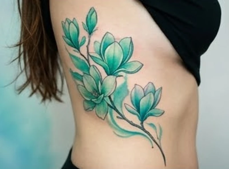 Hình xăm hợp tuổi Thìn: phân định ngũ hành và vị trí xăm 7 Cụm hoa mộc lan xăm phối màu nước xanh ngọc bích chạy dọc đường lườn eo nữ giới