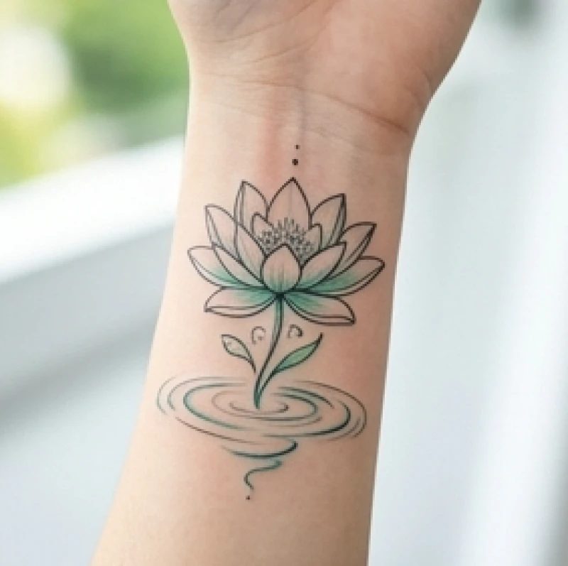 Hình xăm đóa hoa sen thanh tao vươn lên từ mặt nước với tông màu xanh lá tươi mát