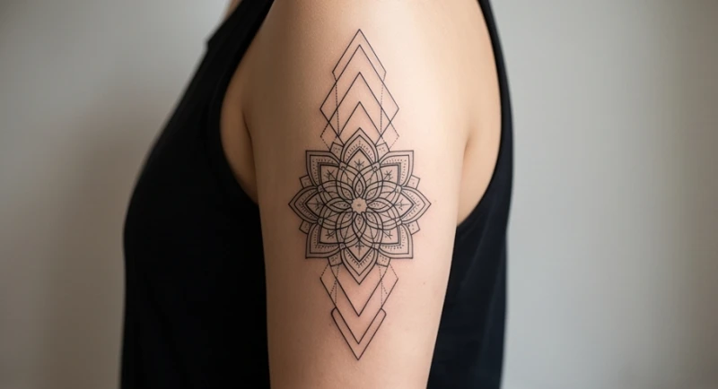 Hình xăm hoa văn hình học tinh tế kết hợp Mandala cho người tuổi Dậu trên bắp tay