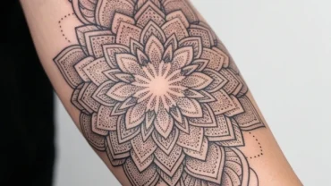 Hình xăm hoa văn hợp tuổi Hợi với các đường nét Mandala sắc nét trên cánh tay, đại diện cho nghệ thuật phong thủy
