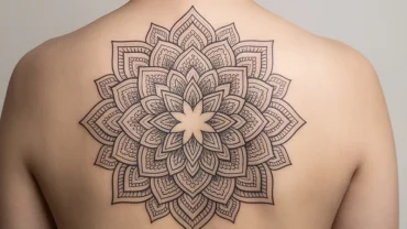 Hình xăm hoa văn hợp tuổi Sửu dạng Mandala đối xứng sắc nét giúp cân bằng năng lượng và thu hút vượng khí