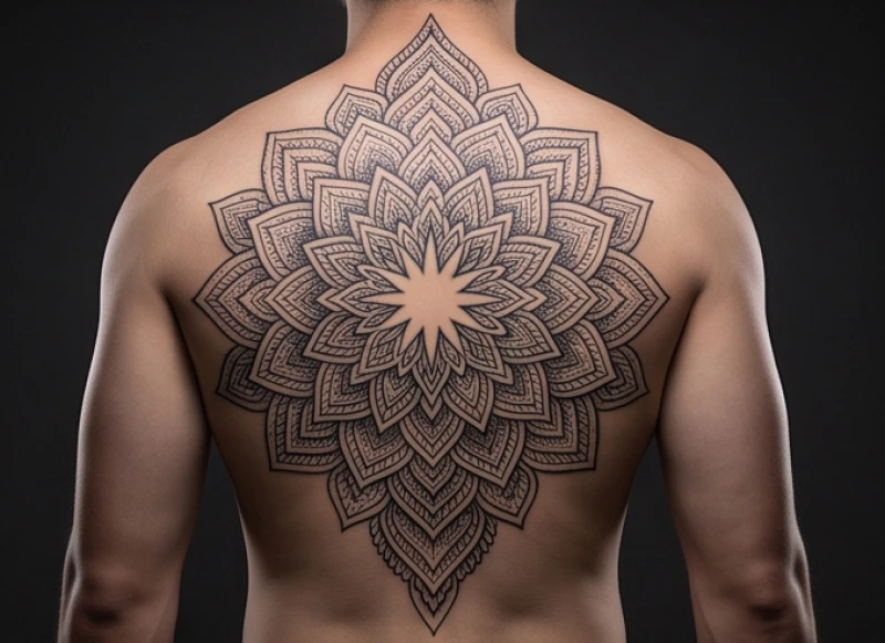 Hình xăm hoa văn hợp tuổi Sửu: bảng giá & mẫu kích tài lộc 9 Tác phẩm Mandala kích thước lớn bao phủ toàn bộ lưng được dàn trải đối xứng hoàn hảo qua trục cột sống