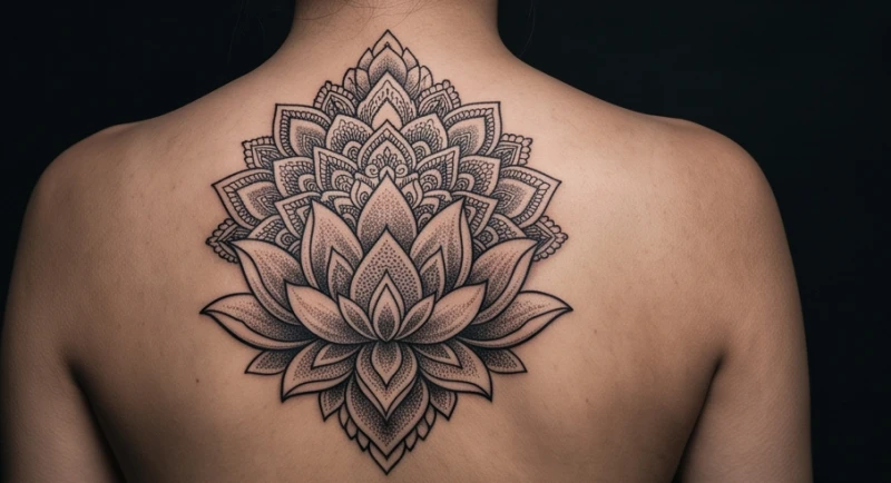 Họa tiết Mandala bung nở cánh sen mềm mại được khắc họa sắc nét trên lưng