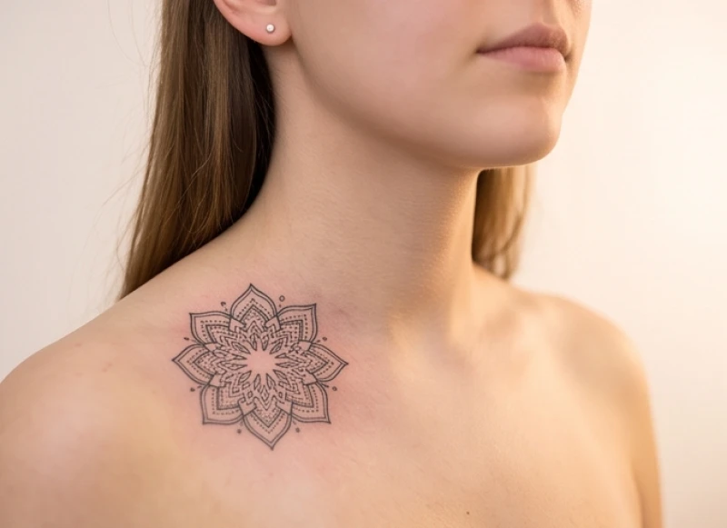 Họa tiết Mandala nhỏ gọn tinh xảo xăm ở xương quai xanh giúp nữ giới thu hút vượng khí