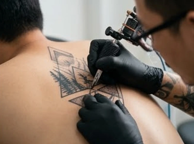 Nghệ sĩ xăm đang cẩn thận đi mực cho một hình xăm hợp tuổi Hợi trên lưng khách