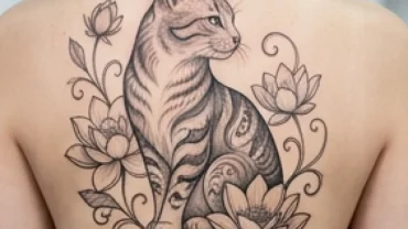 Hình xăm hợp tuổi Mão phong thủy mang biểu tượng mèo thần tài và hoa sen tinh tế trên lưng