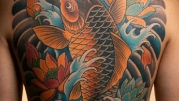 Hình xăm cá chép Koi nghệ thuật trên lưng mang năng lượng phong thủy vượng khí cho người tuổi Tý