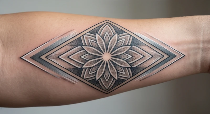 Hình xăm Mandala cấu trúc kim cương sắc nét với điểm nhấn mực xám bạc
