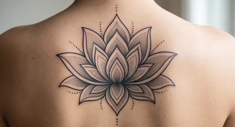 Hình xăm đài hoa sen phác thảo theo cấu trúc Mandala đối xứng nghệ thuật