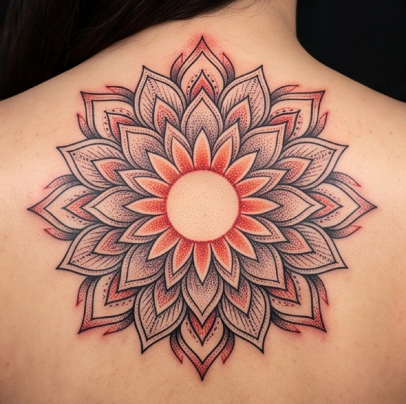Hình xăm Mandala với vầng thái dương tỏa sáng ở lõi, mang tông màu đỏ cam rực rỡ tượng trưng cho ngọn lửa