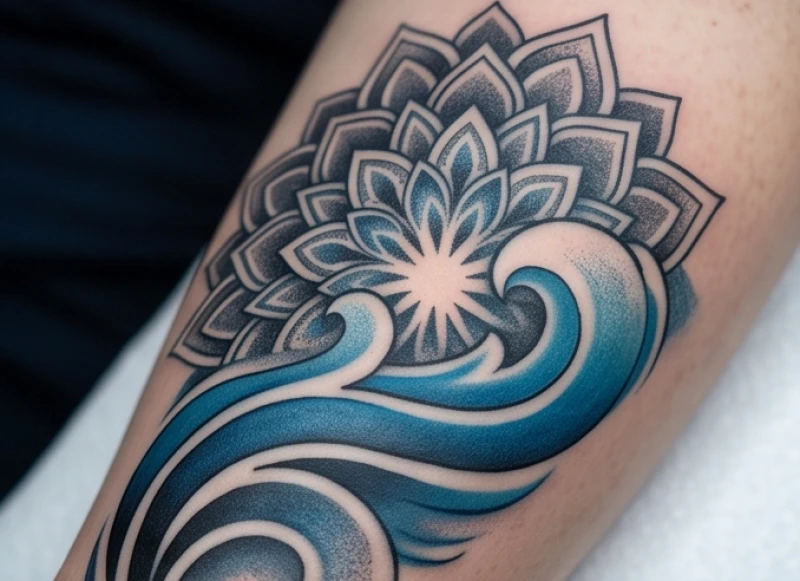 Hình xăm hoa văn hợp tuổi Sửu: bảng giá & mẫu kích tài lộc 7 Mẫu xăm Mandala với cấu trúc lượn sóng và kỹ thuật đánh bóng chuyển dần sang màu xanh dương nguyên bản