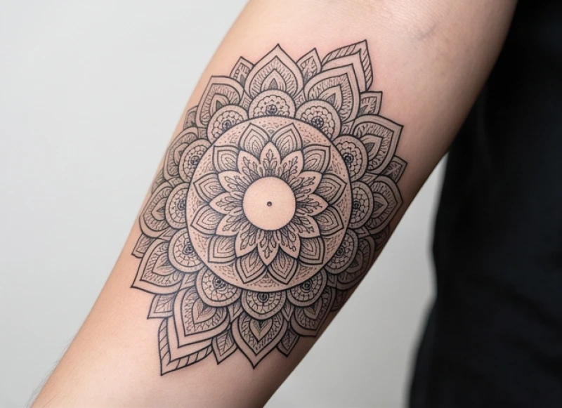 Hình xăm hoa văn hợp tuổi Sửu: bảng giá & mẫu kích tài lộc 2 Họa tiết Mandala với nhiều lớp cánh tỏa ra từ tâm điểm giúp tập trung tâm trí và thanh lọc năng lượng