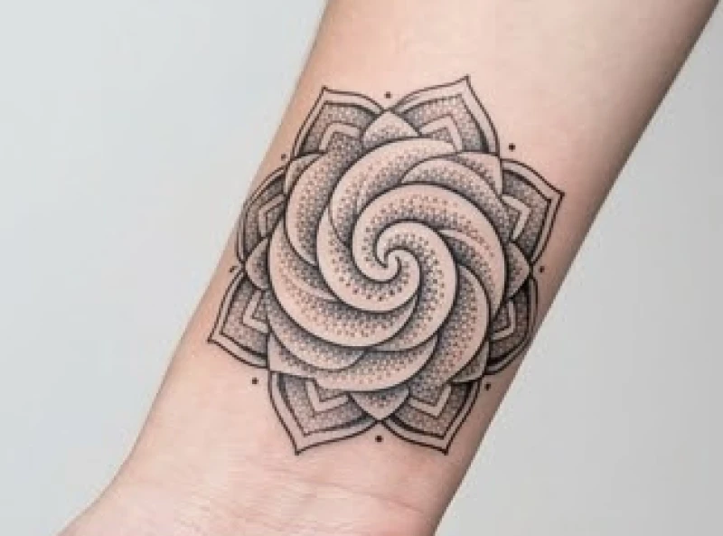 Hình xăm Mandala tĩnh tâm với cấu trúc xoắn ốc tinh tế được thực hiện bằng kỹ thuật dotwork